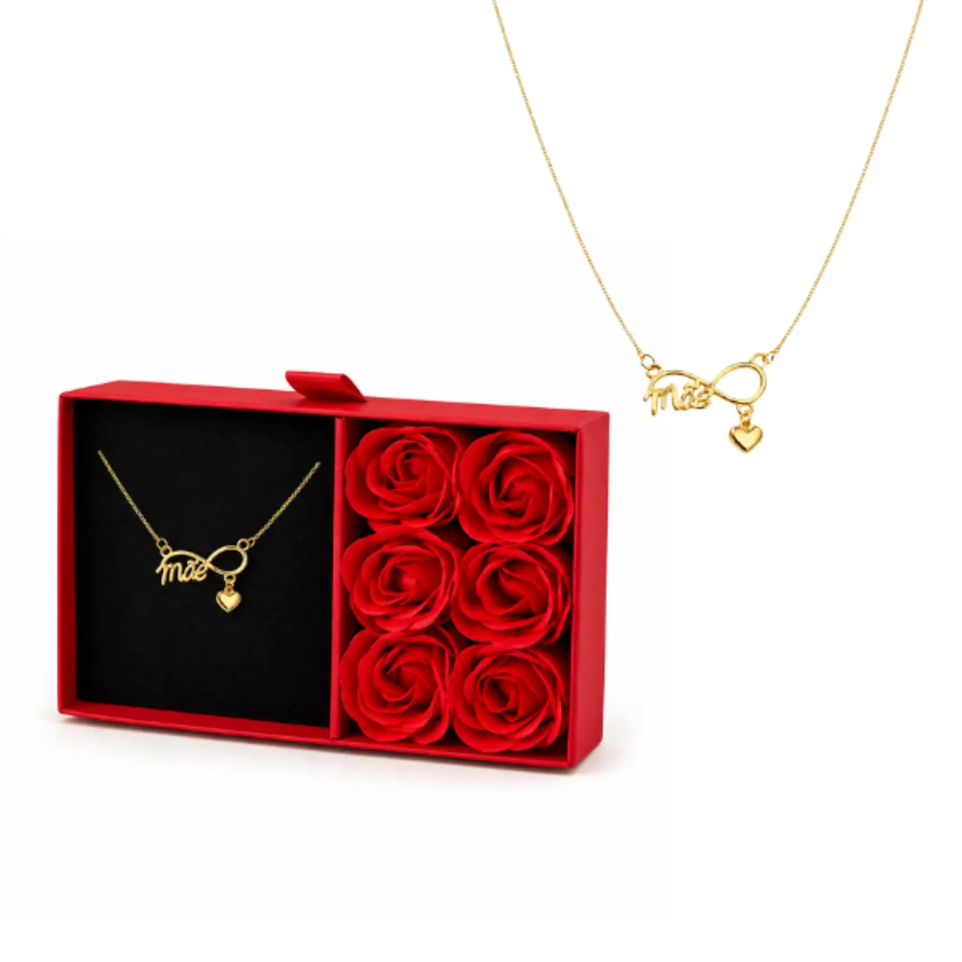 Colar Banhado a Ouro com Pingente Escrito Mãe e Caixa com 6 Rosas Aromatizadas